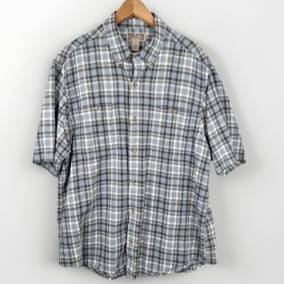 Duluth Trading Co Blue Plaid Short Sleeve Button-Up Collared Shirt Size L Hemp - Picture 1 of 10